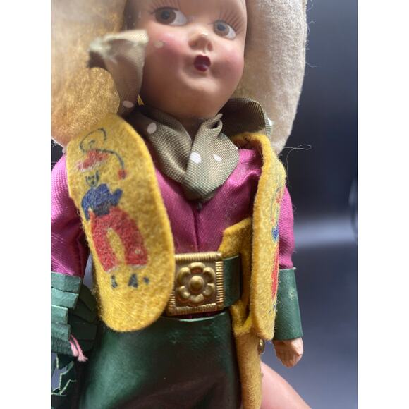1960s Vtg Cowboy Doll Bisque Head Plastic Celluloid Moveable Arms Leather Chaps - Picture 5 of 5